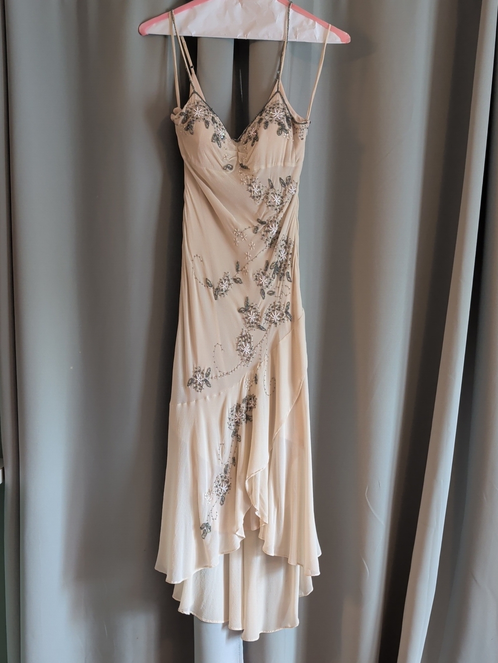 Lotus Evening Silk Beaded Floral Handkerchief Hem Dress Y2k Champagne 6 Wedding